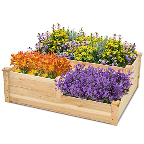 HAPPYGRILL 3-Tier Raised Garden Bed, Wood Elevated Flower Box with Open-Ended Base & Plug-in Connector, Outdoor Planter Raised Beds for Vegetables, Herbs & Fruits