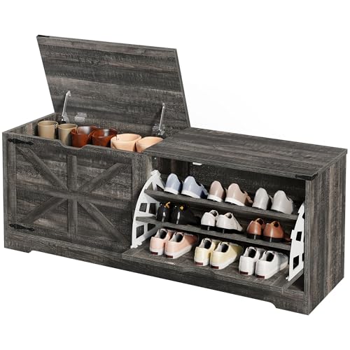 DWVO Shoe Storage Bench, 55" L Shoe Cabinet with 3 Flip Drawer & Flip-Top Storage, Farmhouse Modular Tilt-Out Organizer for Entryway, Mudroom, Bedroom