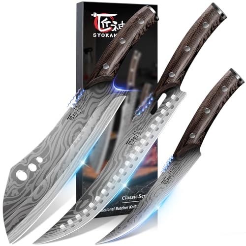 SYOKAMI Butcher Knife Set, 3 PCS Kitchen Knives Set for Cutting, Meat Cleaver Chef Knife Set, Japanese Style High Carbon Steel Knives Set, Chopping & Slicing & Boning for Home and BBQ, Gift for Mom