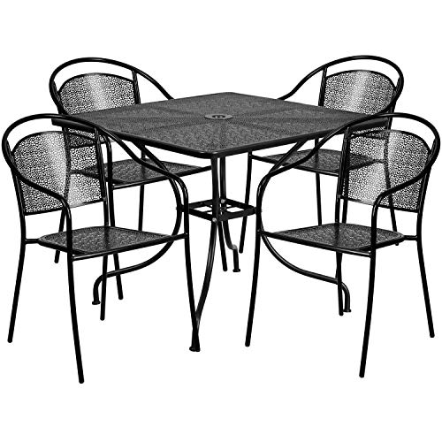 Flash Furniture Oia 5-Piece Commercial Grade Steel Patio Table and Chairs Set, Outdoor Dining Set with Square Table and 4 Round Back Chairs, Black