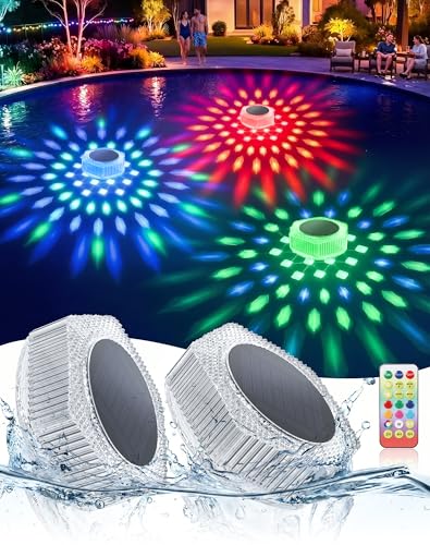 BUCASA Solar Floating Pool Lights, 2 Pack RGB LED Pool Lights with Remote, IP68 Waterproof Solar Powered Pool Lights for Inground/Above Ground Pools, Pond, Party Decor, Static & Dynamic Modes, Timer