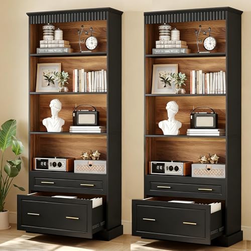 LITTLE TREE 72" Tall Black Bookcase, 5-Tier Office Bookself with File Cabinet Drawers,Modern Floor Standing Storage Filing Cabinet Book Shelf for Living Room,Bedroom(2 Piece,Black)