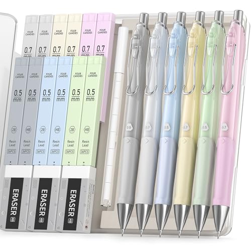 Four Candies Pastel Mechanical Pencil Set,6PCS Cute Mechanical Pencils with 432PCS 0.5 & 0.7 mm HB/2B Leads, 3PCS Erasers, 9PCS Eraser Refills,School Supplies for Writing, Drawing & Sketching