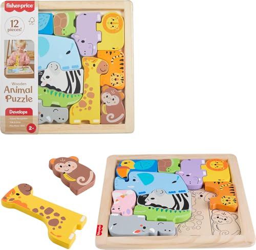Fisher-Price Wood Toddler Toy Animal Puzzle, 12 Piece Wooden Shape-Sorting Activity for Preschool Kids Ages 2+ Years