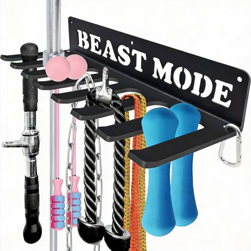 Gym Home Rack 8 Hook Heavy-Duty Wall-mounted Organizer Multi-Purpose Workout Gear Wall Hanger Storage for Resistance Bands Jump Ropes Lifting Belt Fitness Bands Barbells Carabiners Included (BEAST MODE)