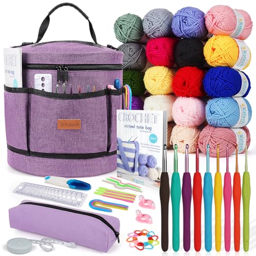 Katech Crochet Kit for Beginners, Beginner Crochet Kit for Adults-Crochet Kits Includes Crochet Hooks Knitting Bag Crochet Yarn for Crocheting Instruction Knitting Kit Crochet Supplies Gift