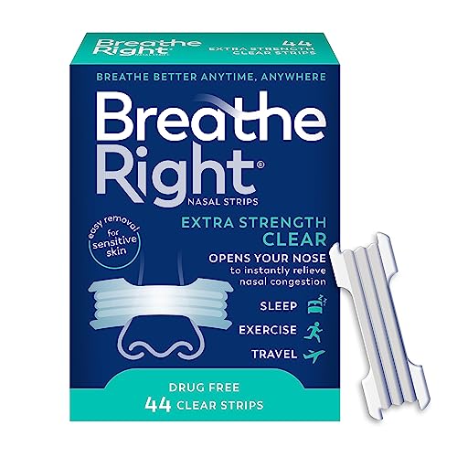 Breathe Right Nasal Strips, Extra Strength Clear Nose Strips, Drug-Free Nasal Congestion Relief for Better Breathing, Help Relieve Snoring, Caused by Colds & Allergies, Deviated Septum, 44ct