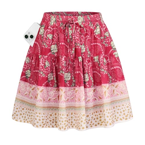 Kate Kasin Women's Boho Mini Skort with Pockets, Red Floral Skirts with Shorts, Summer Beach Vacation Concert Outfits 2026