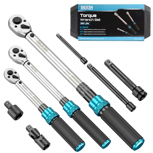 Seesii Torque Wrench Set 1/4" 3/8" 1/2" Drive, Click Type Torque Wrench Kit with Adapters, ±3% Accuracy, Dual Scale 72-Tooth Ratchet for Car, Motorcycle, Bike Repair