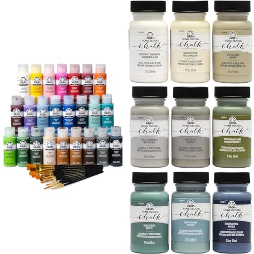 FolkArt 24 Bottle Acrylic Paint Set with Brushes Bundle 9 Bottle Chalk Paint Home Decor Set