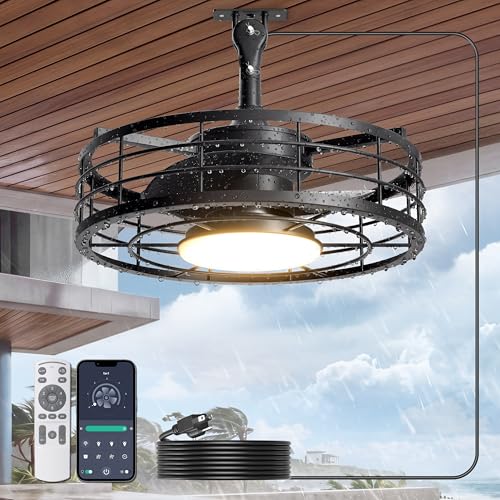 Phylluz 16'' Outdoor Ceiling Fan with Lights, Weatherproof Plug in Ceiling Fan for Gazebo, Caged Hanging Fan with Remote & APP Control, 3CCT, 6-Speed Outdoor Fan for Patio, Porch, Black