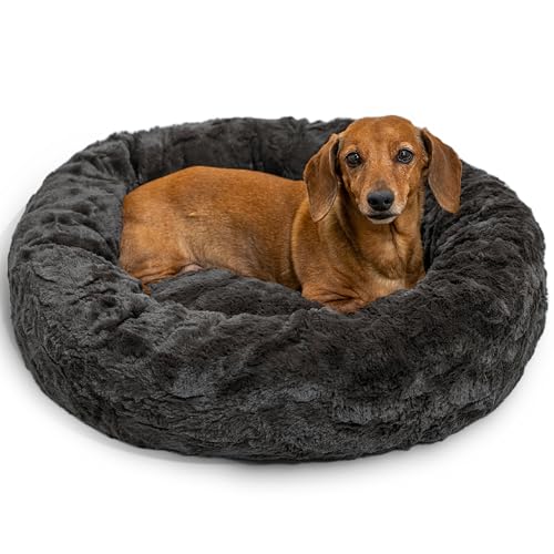Best Friends by Sheri The Original Calming Donut Dog Bed for Small Dogs up to 25 lbs, Lux Faux Fur, Mink Dark Gray, 23" x 23"