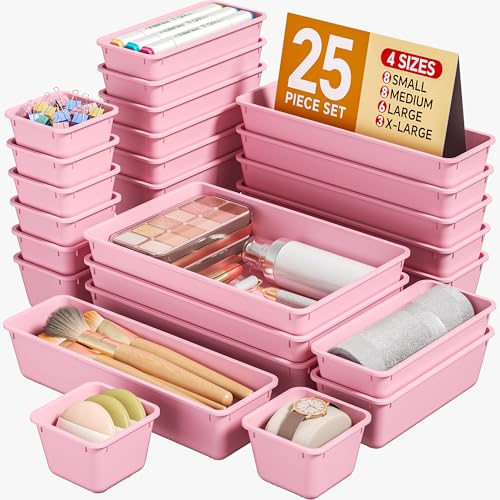 KEMETHY 25 PCS Plastic Drawer Organizers Set, 4 Sizes Vanity Organizer, Makeup and Desk Drawer Organizer Trays, Organization and Storage for Makeup, Bathroom, Kitchen Utensils and Office (Pink)
