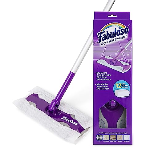 Fabuloso Dry and Wet Sweeper, 2-in-1 Floor Dust Mop for Dry Sweeping and Light Wet Mopping, Lightweight Aluminum Handle, Swivel Low-Profile Head, Bonus 12 Dry Pads Included