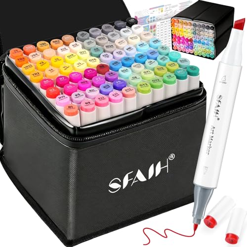 SFAIH Alcohol Markers Set Chisel & Fine - 81 Colors [Leather Storage Box] Alcohol Marker for Coloring Book Drawing Illustration Art Course, Seamless Blended, No-Bleed Sheet, Best Gift for Beginner