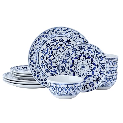 Pfaltzgraff Medallion Radiance 12 Piece Stoneware Dinnerware Plate Bowl Dish Set, Service for 4, Blue