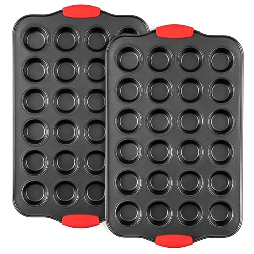 Tiawudi Mini Muffin Pan, 24 Cavity Cupcake Pan, Nonstick Baking Pan, Heavy Duty Small Muffin Tin with Silicone Grip Handles, Set of 2