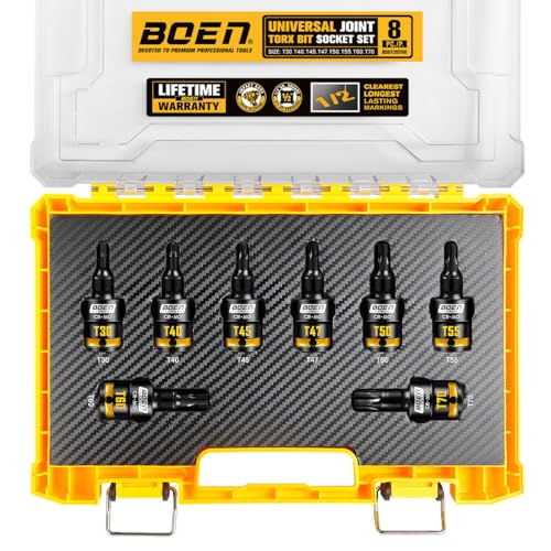 BOEN 1/2" Drive Swivel Impact Torx Bit Set, 8-Pieces Universal Size (T30, T40, T45, T47, T50, T55, T60, T70), Impact Star Bit Socket Set, Embossed and Painted Marking, CR-MO Steel