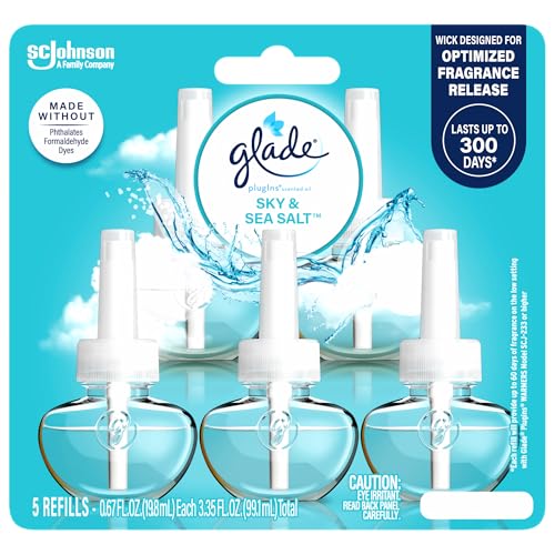 Glade PlugIns Refills Air Freshener, Scented and Essential Oils for Home and Bathroom, Sky & Sea Salt, 3.35 Fl Oz, 5 Count