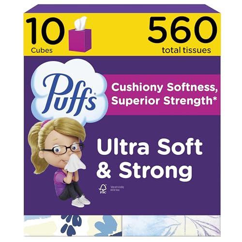 Puffs Facial Tissue Ultra Soft Non-Lotion, 10 Cube Boxes, 56 Facial Tissues per Box, Allergies and Colds (Packaging May Vary)