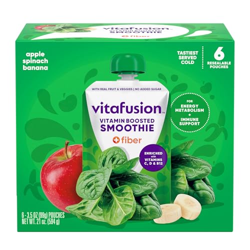vitafusion Vitamin-Boosted Smoothie +Fiber with Energy Metabolism and Immunue Support, Apple Spinach Banana Flavor Excellent Source of Vitamins C, D, and B12, 3.5oz, 6 Count