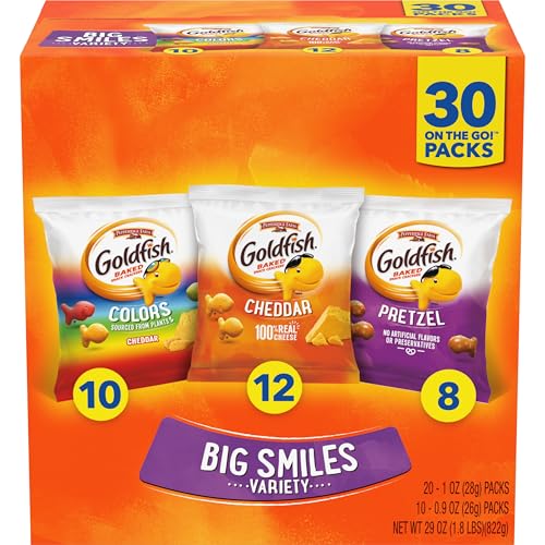 Goldfish Crackers Big Smiles Variety Pack with Cheddar, Colors, and Pretzels, Snack Packs, 30 Ct