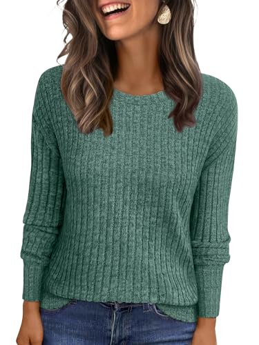 ANRABESS Women Long Sleeve Shirts Business Casual Tunic Tops Fall Lightweight Sweaters Dressy Blouses 2025 Fashion Outfits Green Large