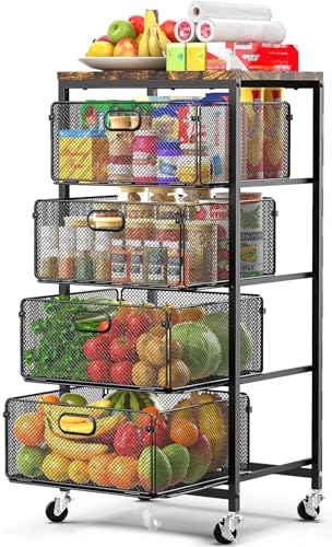 SUNALLY Rolling Kitchen Cart with Drawers, 4-Tier Utility Cart Fruit Vegetable Storage Cart with Lockable Wheels, Wooden Top Metal Kitchen Storage Organizer for Cans, Snacks, Beauty, Craft, Art, Black