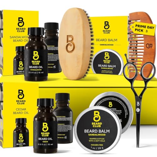 The Beard Club Beard Kit for Men - Grooming & Care Kit - Cedar & Sandalwood Oil, Sandalwood Balm, Boar Bristle Brush, Comb, Trimming Scissors - Dad Gift Set