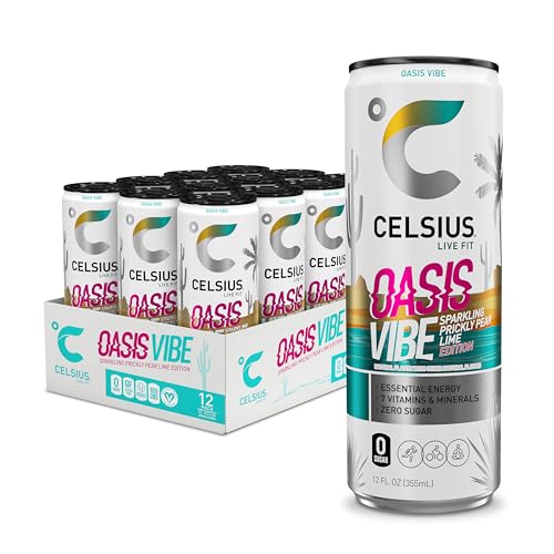 CELSIUS OASIS VIBE Sparkling Prickly Pear Lime, Sugar Free Energy Drink, 12 Fl Oz (Pack of 12)