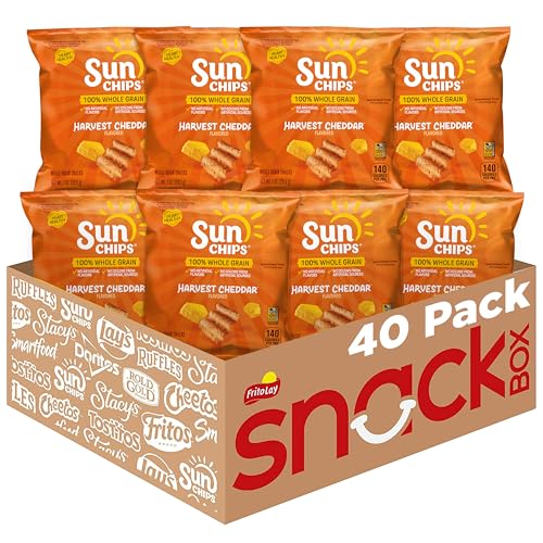 SunChips 100% Whole Grain Chips, Harvest Cheddar, 1 oz Bags, Pack of 40, No Artificial Flavors, Colors