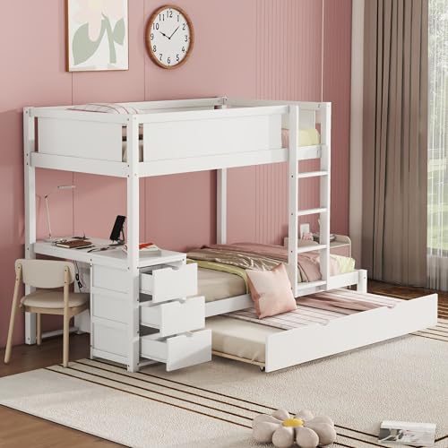 Twin Over Twin Bunk Bed with Under-Bed Desk, Twin Size Trundle and Storage Drawers, No Box Spring Needed