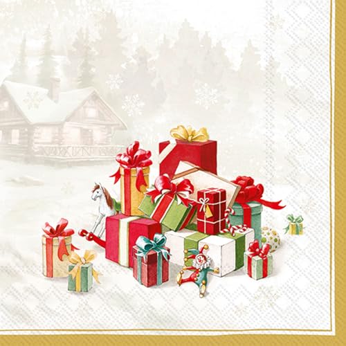 IHR Ideal Home Range Cocktail Napkins Disposable 3-Ply Paper Party Napkin Pack, 5" x 5", Happy Presents (Gold), 20-Count