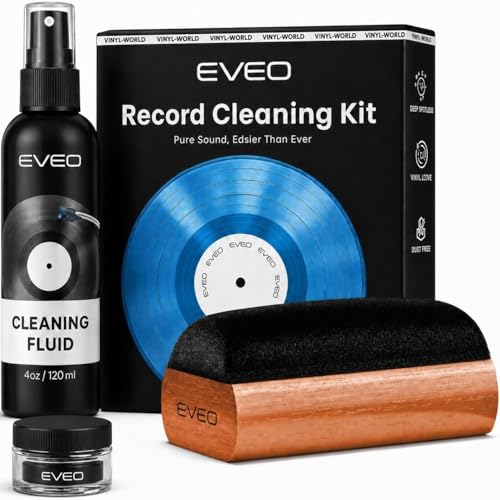 EVEO Vinyl Record Cleaning Kit - 4in1 Vinyl Record Cleaner Kit for Vinyl Records Albums. Vinyl Cleaner Includes XL Record Brush, Cleaning Liquid (4oz), Duster & Stylus Cleaning Gel - Archival Standard