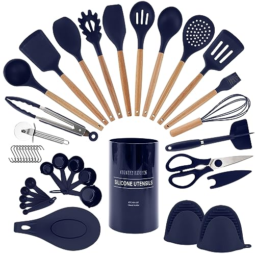 Country Kitchen Non Stick Silicone Utensil Set with Rounded Wood Handles for Cooking and Baking, 38 Piece Set, Navy