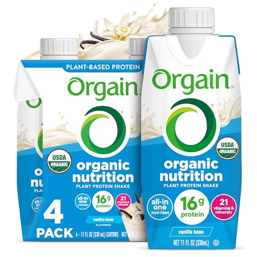 Orgain Organic Nutritional Vegan Protein Shake, Vanilla Bean - 16g Plant Based Protein, Meal Replacement, 21 Vitamins & Minerals, Fruits & Vegetables, Gluten Free, Non-GMO, 11 Fl Oz (Pack of 4)