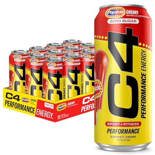 C4 Performance Energy Drink, Cherry Popsicle, Zero Sugar Carbonated Preworkout Energy, 200mg Caffeine with Beta Alanine, 16 Fl Oz (12 Pack)