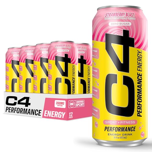 C4 Performance Energy Drink | Strawberry Blast | Zero Sugar Carbonated Preworkout Energy | 200mg Caffeine with Beta Alanine | 16 Fl Oz (12 Pack)
