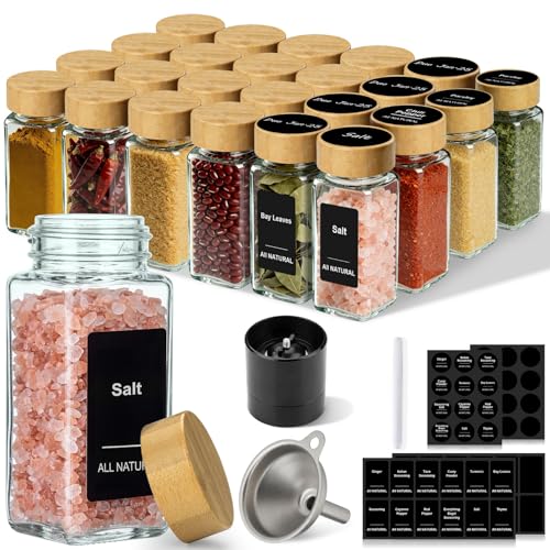 24 Pack Square Glass Spice Jars with Bamboo Lids & Labels, 4oz Spice Containers with Grinder & Funnel, Seasoning Organizer Set for Spice Rack, Cabinet, Drawer