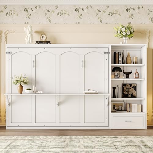 Merax Queen Murphy Bed with 3 Height Adjustable Storage Shelves & 1 Drawer, Wall Bed Frame Multifunctional Foldable Platform Bed for Small Space, Bedroom, Guest Room, Bear 500LBS (White)