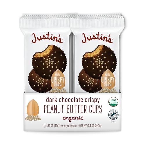 Justins's Organic Crispy Dark Chocolate Peanut Butter Cups, Rainforest Alliance Certified Cocoa, Gluten-free, Responsibly Sourced, 12 Pack (2 cups each)