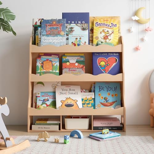 wiqins 4-Tier Kids Book Shelf, Wooden Toddler Bookshelf with Toy Organizer, Montessori Nursery Bookcase for Boys Girls Bedrooms Playroom Classroom