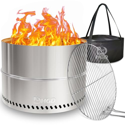 HGD 20 Inch Smokeless Firepit with Grill, Portable Wood Burning Fire Pit for Camping & Backyard, Stainless Steel Outdoor Fireplace with Travel Bag, Easy Setup & Compact Storage - Foldable Design