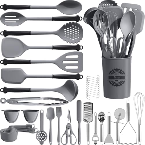 Kikcoin 43Pcs Large Kitchen Utensils Set - Silicone Cooking Utensils Set, Dishwasher Safe Spatula Set for Non-stick Cookware, 446°F Heat Resistant Kitchen Utensils Set with Holder BPA Free, Grey