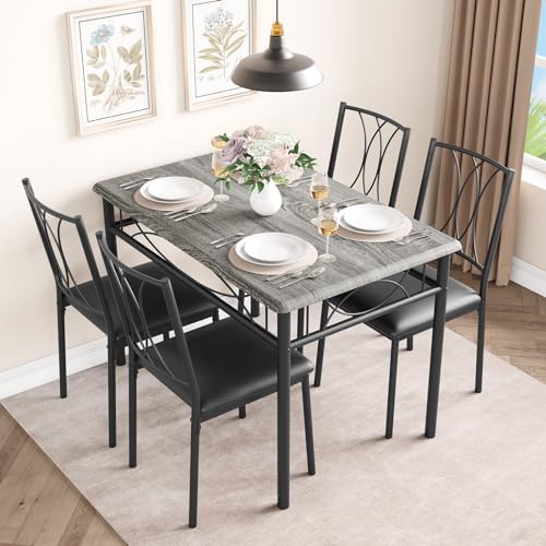 CABIHOME Dining Table Set, 5 Piece Rectangle Dining Kitche Table Set for 4 with 4 Upholstered Chairs, Dining Table Set for Small Space, Apartment, Retro Gray