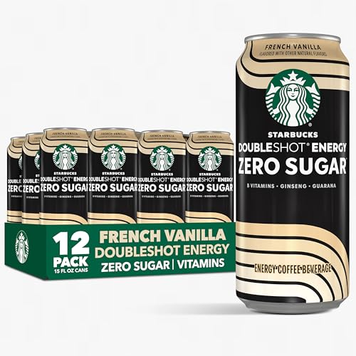 Starbucks Doubleshot Zero Sugar Coffee Energy Drink, French Vanilla, 15 fl oz Cans, (12 Pack), Zero Sugar, B Vitamins, Ginseng, Guarana, Iced Coffee Drink