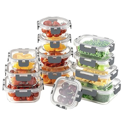 HOMBERKING 24pc Borosilicate Glass Food Storage Containers with Snap Locking Lids, Glass Meal Prep Containers, Airtight Lunch Boxes, Oven, Freezer and Dishwasher Safe, BPA Free, Kitchen Storage Set