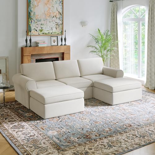 Novilla 108" Modular Sectional Sofa, Modular Sectional Couches for Living Room, Chenille Removable Cover Boneless Couch with Smarts Coil® Support U-Shaped Couch(Beige, 3 Seater + 2 Ottoman)
