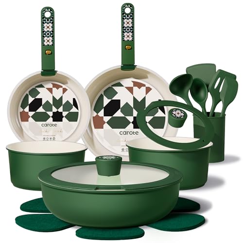 CAROTE 19Pcs Ceramic Cookware Set, Pots and Pans Set Non stick, Non Toxic Cookware Detachable Handle, Kitchen Cooking Set - Induction Cookware, Dishwasher/Oven Safe, PFAS Free, Green