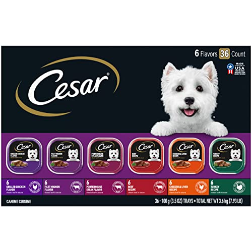 Cesar Wet Dog Food Classic Loaf in Sauce Grilled Chicken, Filet Mignon, Porterhouse Steak, Beef, Chicken & Liver and Turkey Variety Pack 3.5 oz. Easy Peel Trays (36 Count, Pack of 1)
